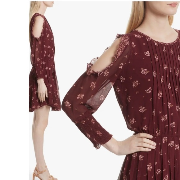 JOIE Arleth Cold Shoulder Floral Silk Dress In Deep Verbena - Picture 2 of 11